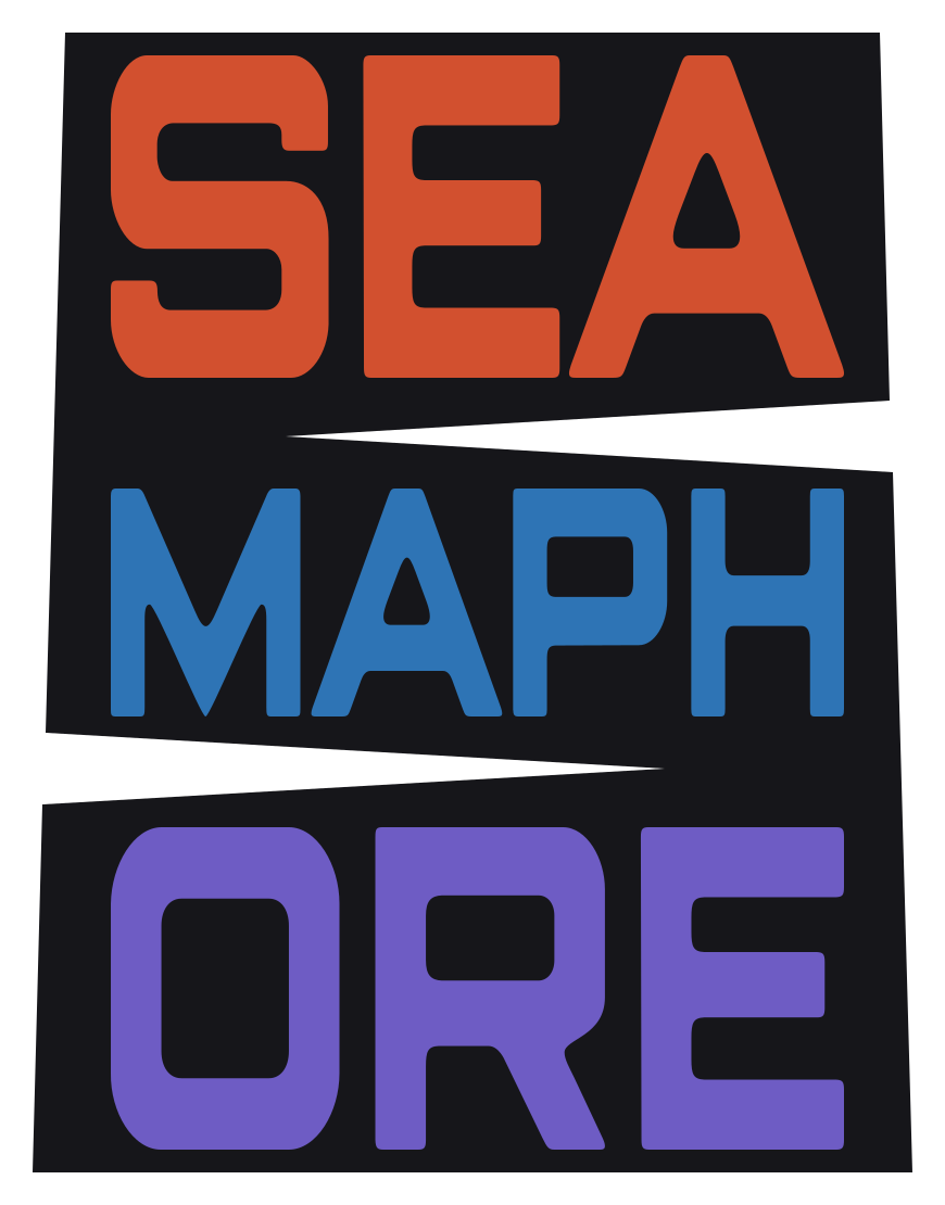 Seamaphore signal badge in vermilion, azure, and violet